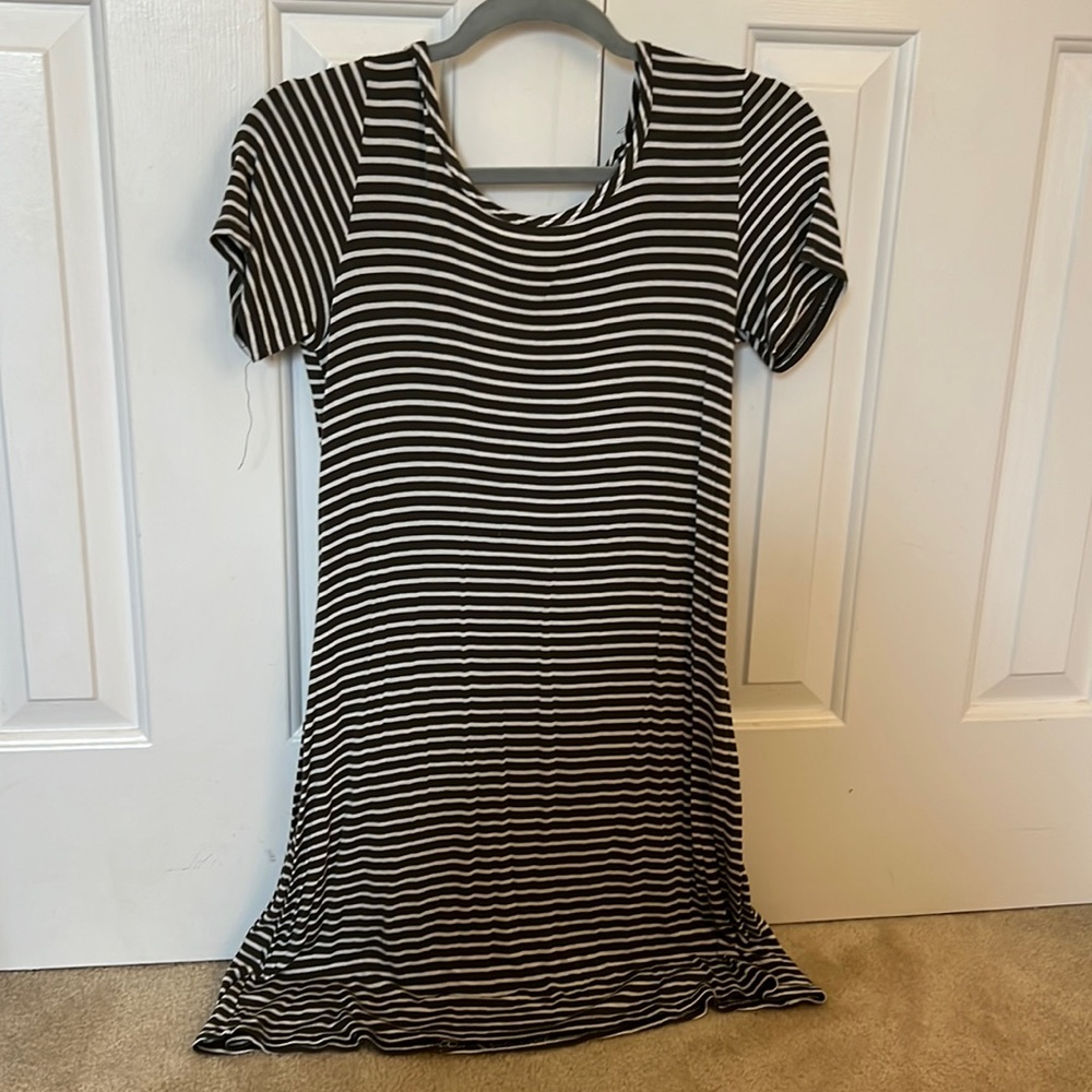 Green and White Striped Mini Dress with Strappy Cross Back
